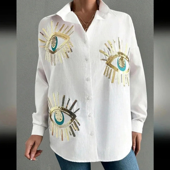 Oversized Delicate Embroidered Sequined Blue Eye Pattern Casual Long Sleeve Shir - Picture 3 of 5